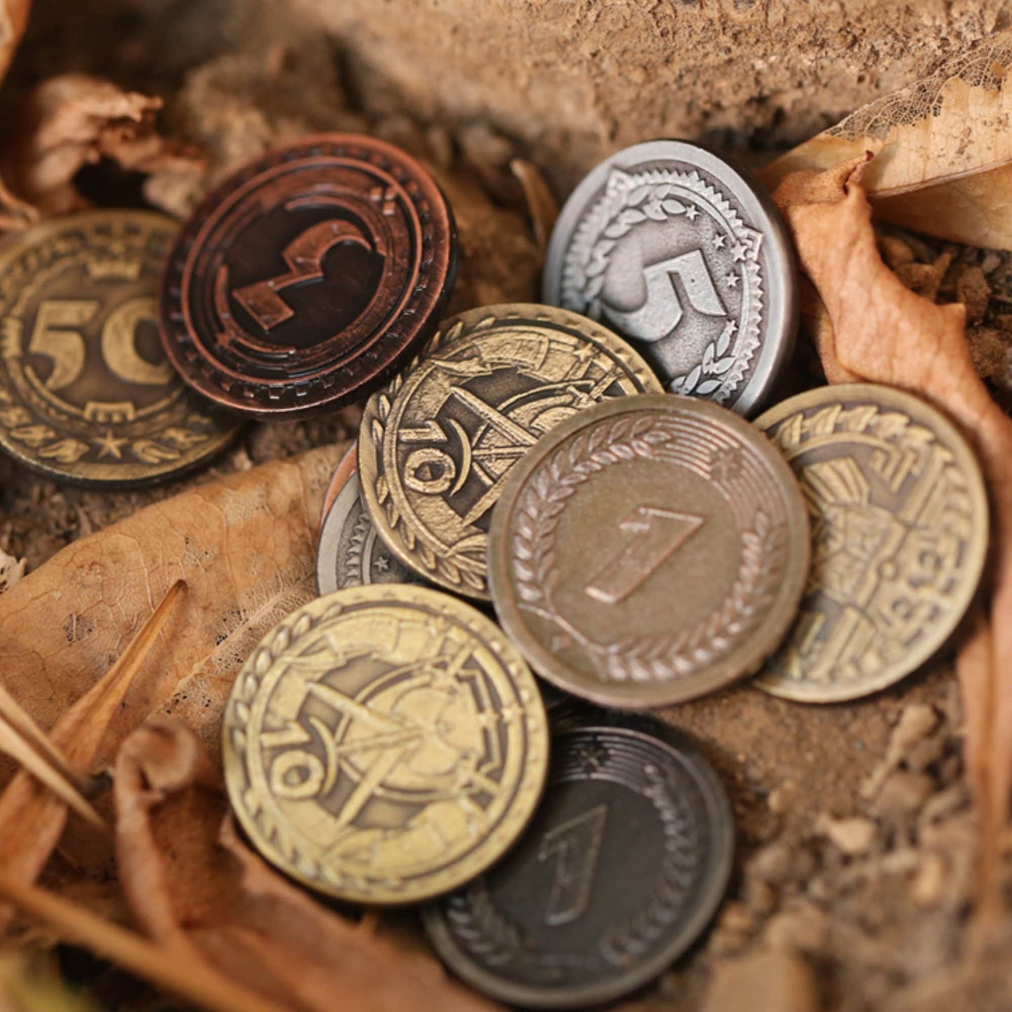 Generic Metal Coins Board Game Money - 1s, 3s, 5s, 10s, 50s