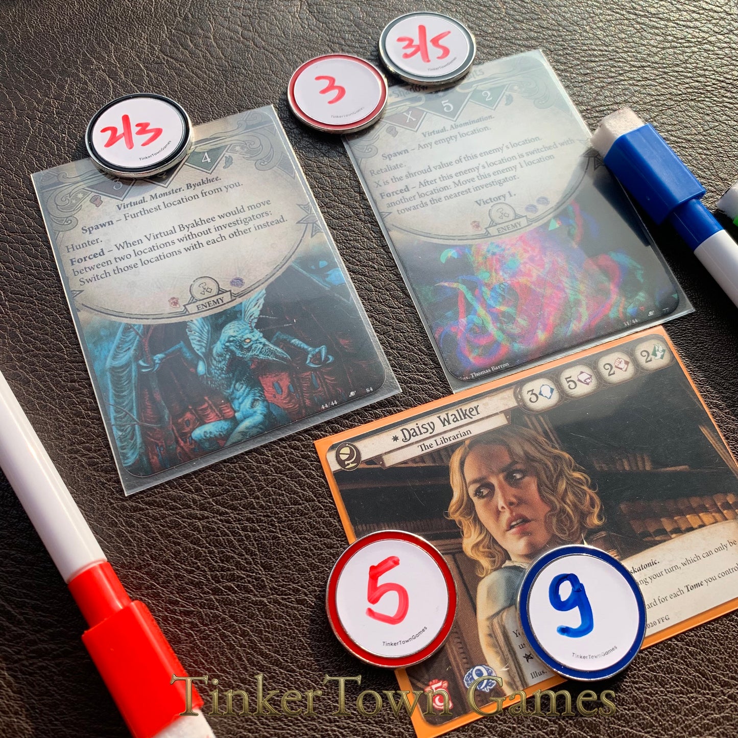 Metal Dry Erase Tokens, Ability Counters - for Board Games, RPGs, TCGs, MTG, Storage Box Included, 5 Free Markers For Set Over 30 Tokens