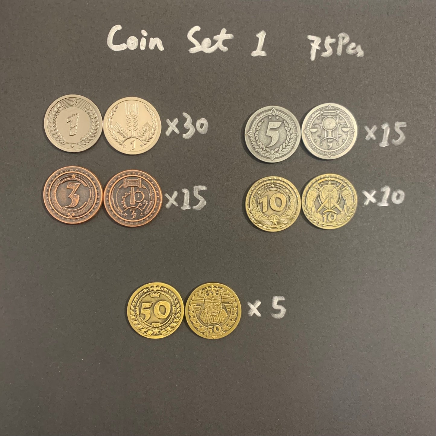 Generic Metal Coins Board Game Money - 1s, 3s, 5s, 10s, 50s