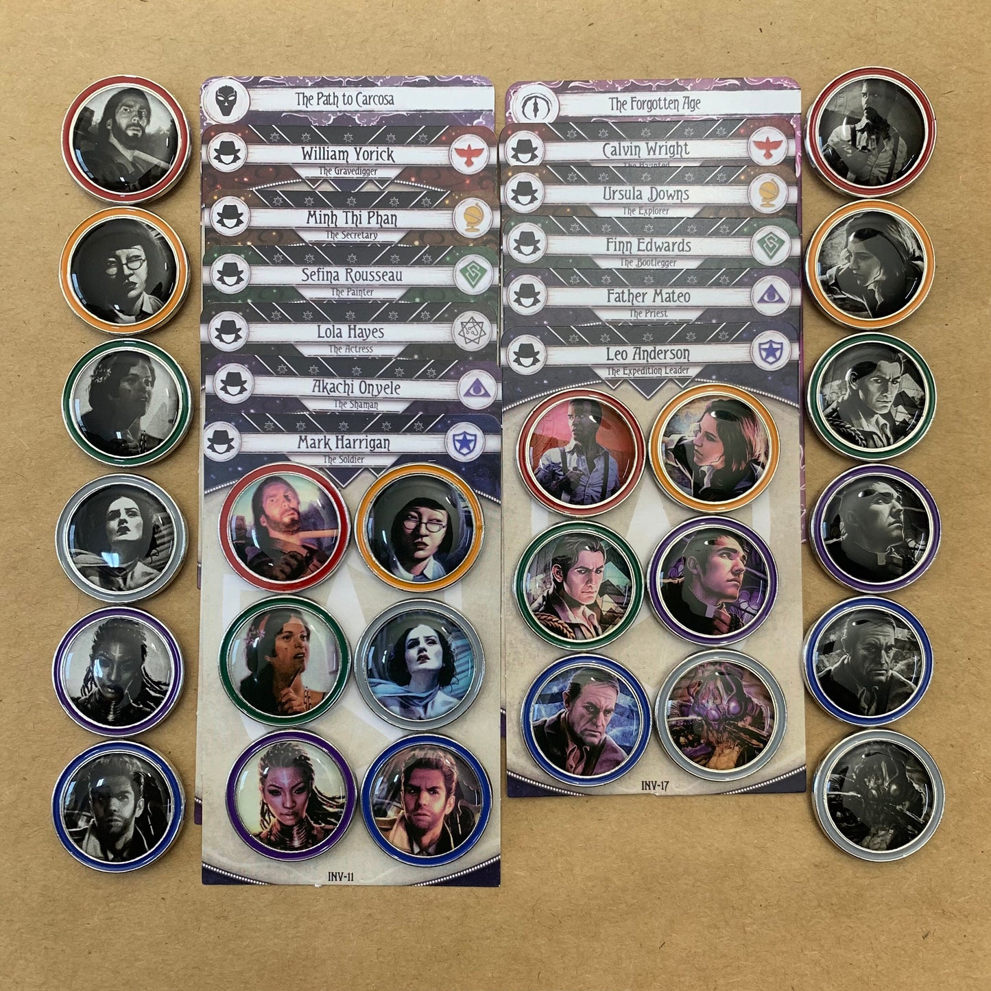 67x Arkham Horror Investigator Tokens for AHLCG, Class Color Rims for Enhanced Visuals, Revised Core Set Available (Double-Sided 1.1"/28 mm)