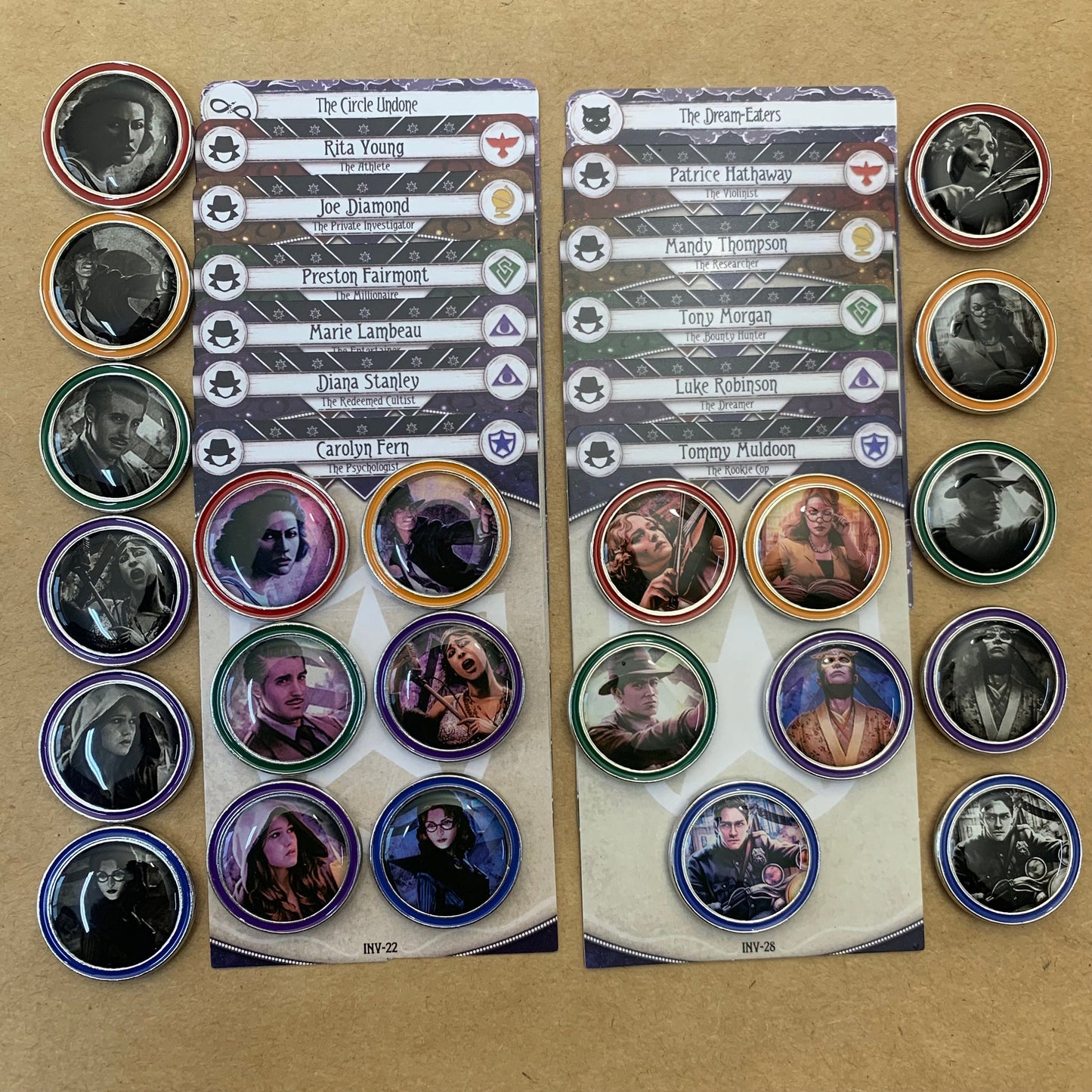 67x Arkham Horror Investigator Tokens for AHLCG, Class Color Rims for Enhanced Visuals, Revised Core Set Available (Double-Sided 1.1"/28 mm)