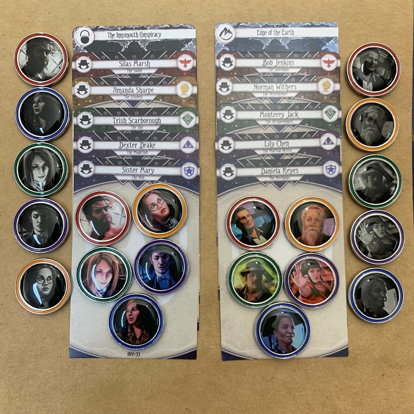67x Arkham Horror Investigator Tokens for AHLCG, Class Color Rims for Enhanced Visuals, Revised Core Set Available (Double-Sided 1.1"/28 mm)
