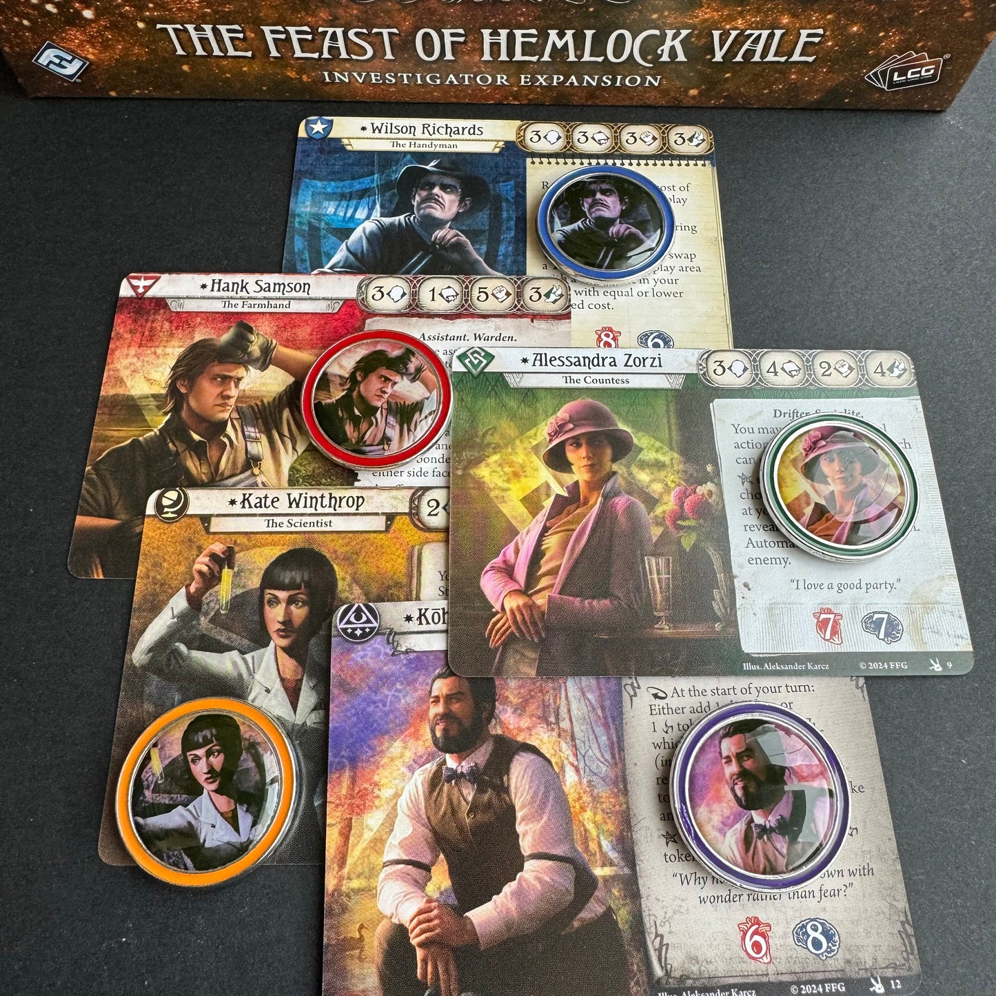 67x Arkham Horror Investigator Tokens for AHLCG, Class Color Rims for Enhanced Visuals, Revised Core Set Available (Double-Sided 1.1"/28 mm)