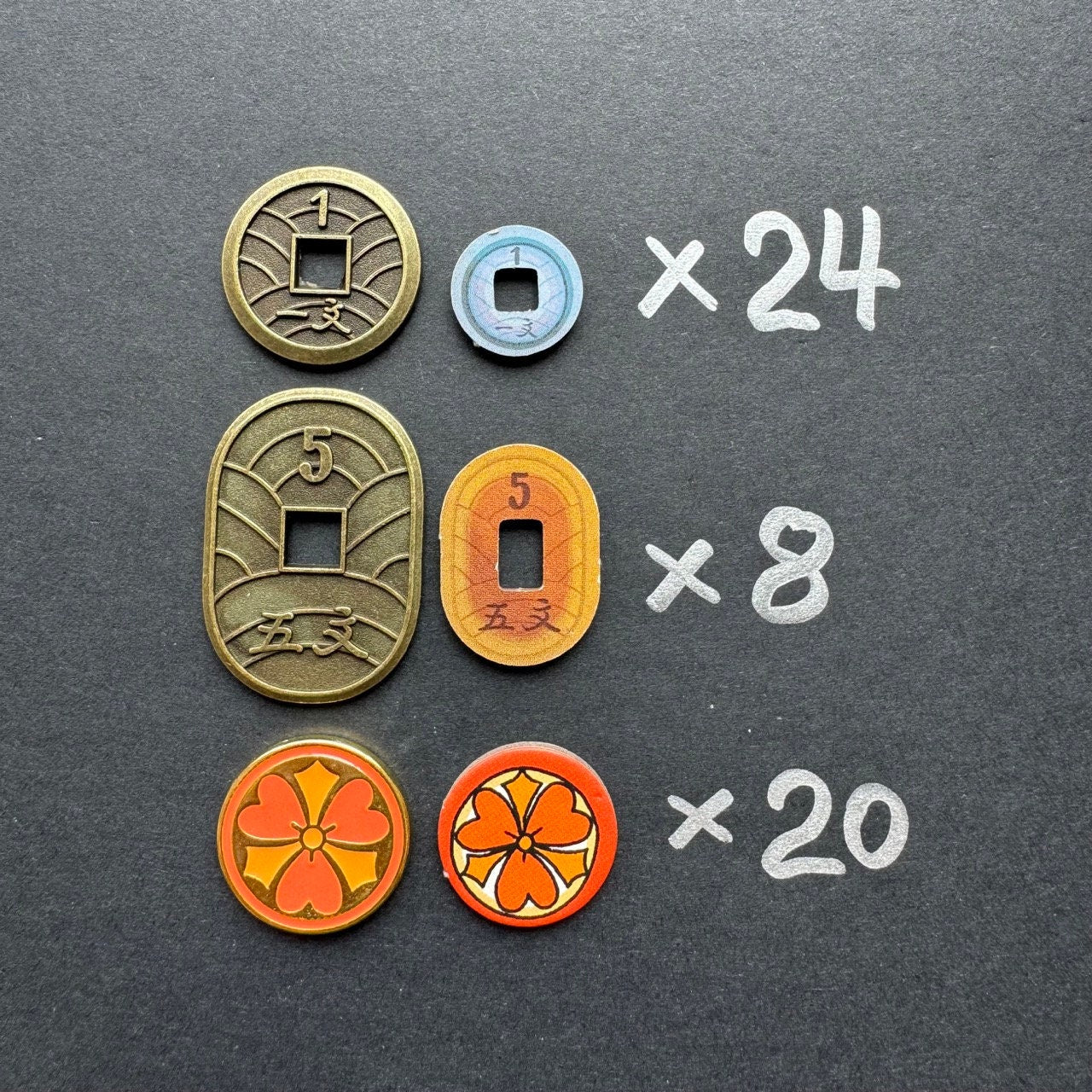52xThe White Castle, Rising Sun, Bamboo, IKI, Shogun No Katana, River of Gold, Metal Coin, Board Game Token Upgrades 白鷺城 トークン Japanese Mon