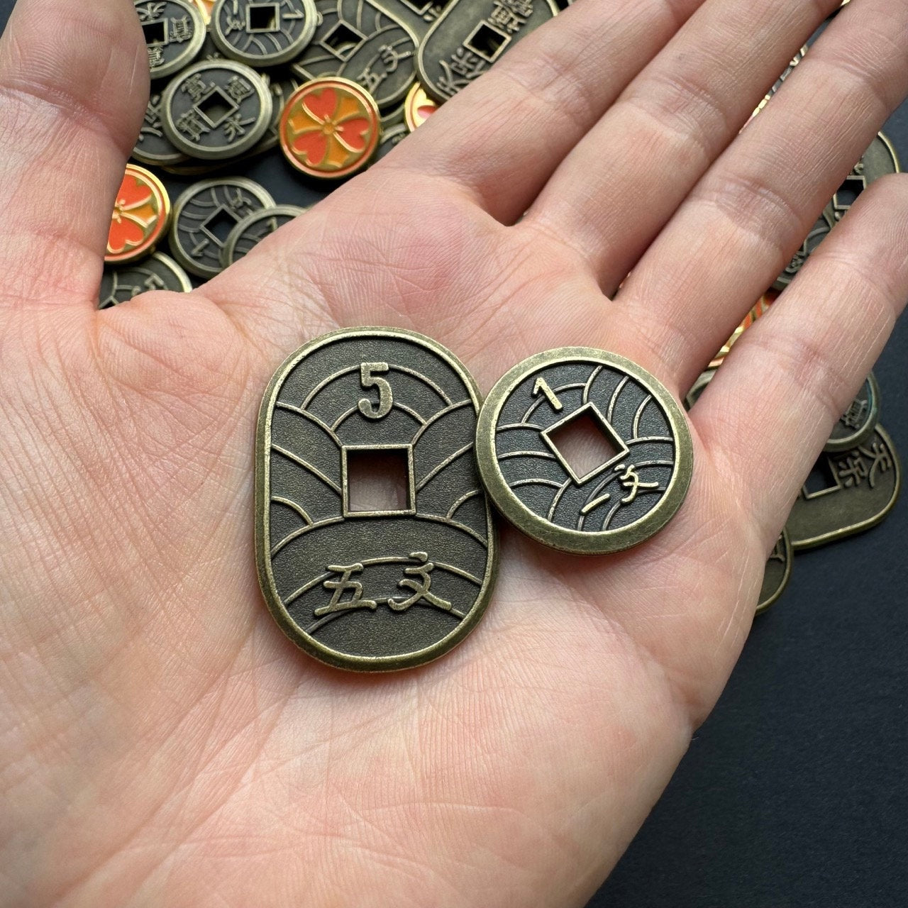 Generic Board Game Coin, Metal Upgrade, Ancient Japan Background Themed Money Token, Aged Bronze Color (Double-Sided)