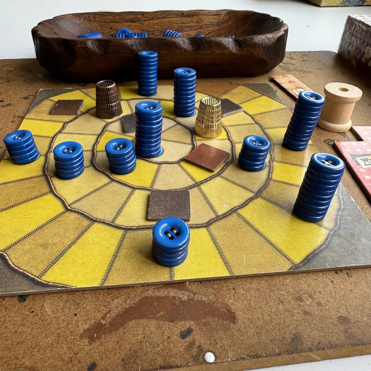 165x Patchwork Board Game Tokens, Real Buttons, Copper Thimbles & Wooden Spool, Hand Sewn/Handstitched