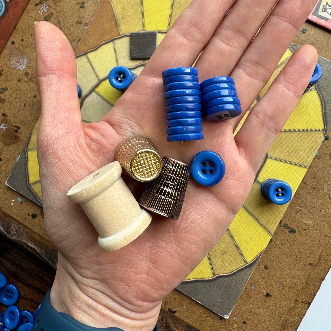 165x Patchwork Board Game Tokens, Real Buttons, Copper Thimbles & Wooden Spool, Hand Sewn/Handstitched
