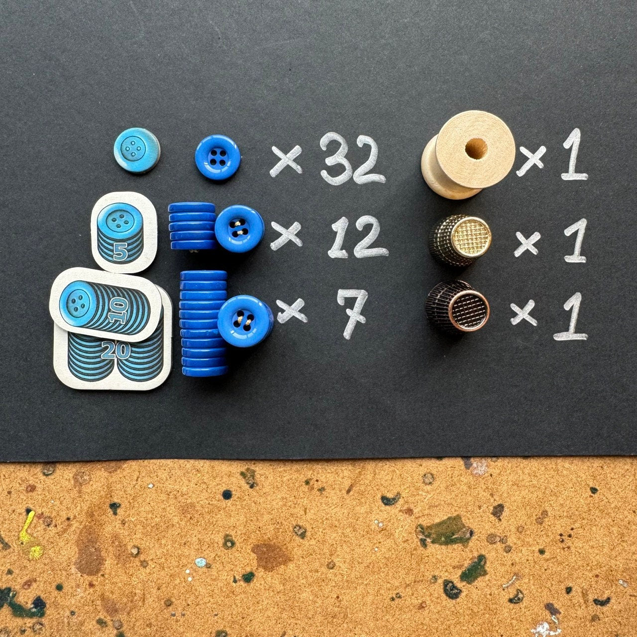 165x Patchwork Board Game Tokens, Real Buttons, Copper Thimbles & Wooden Spool, Hand Sewn/Handstitched