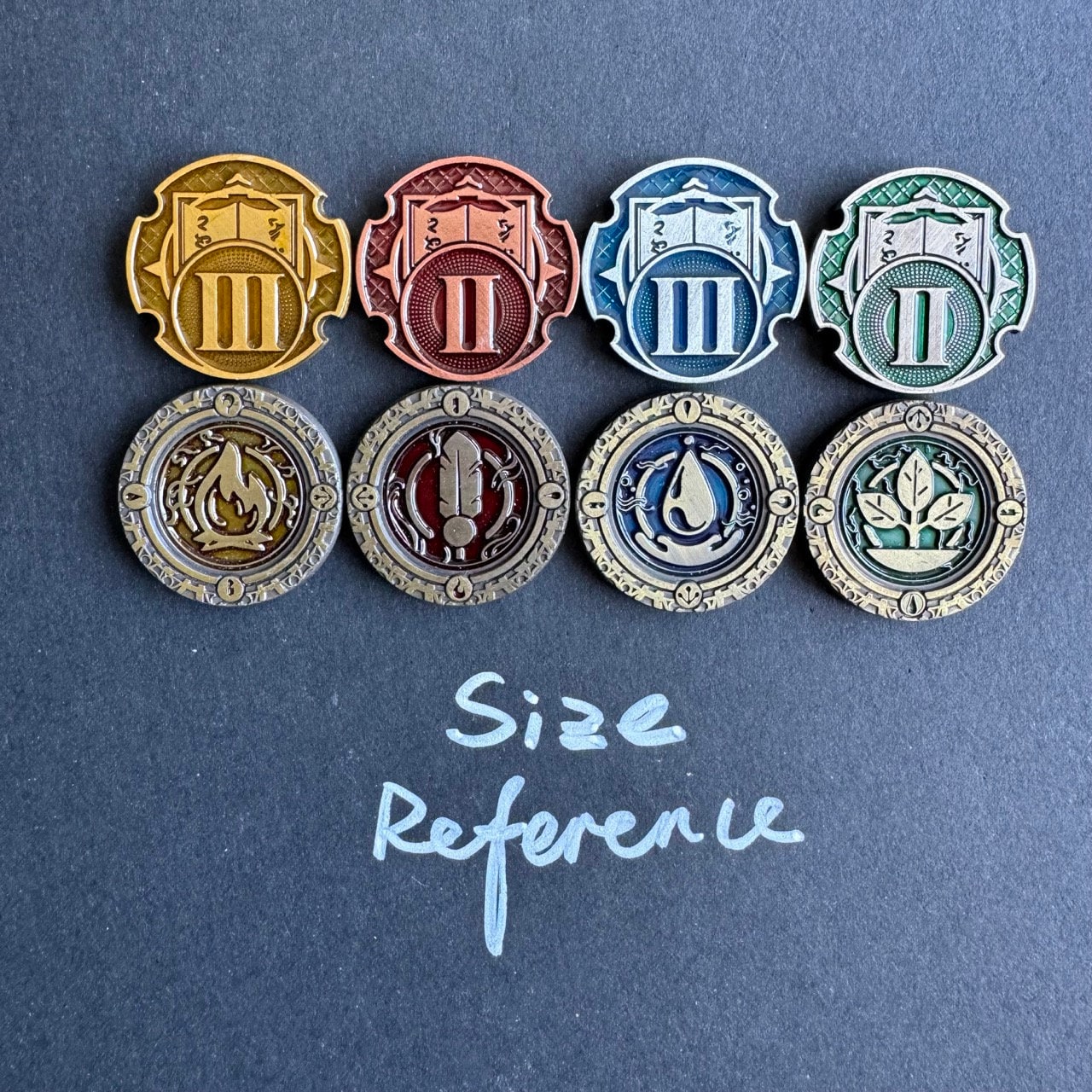10x Seasons Energy and Library Tokens, Board Game Metal Token Upgrade, Air, Fire, Earth, Water (Double-sided)
