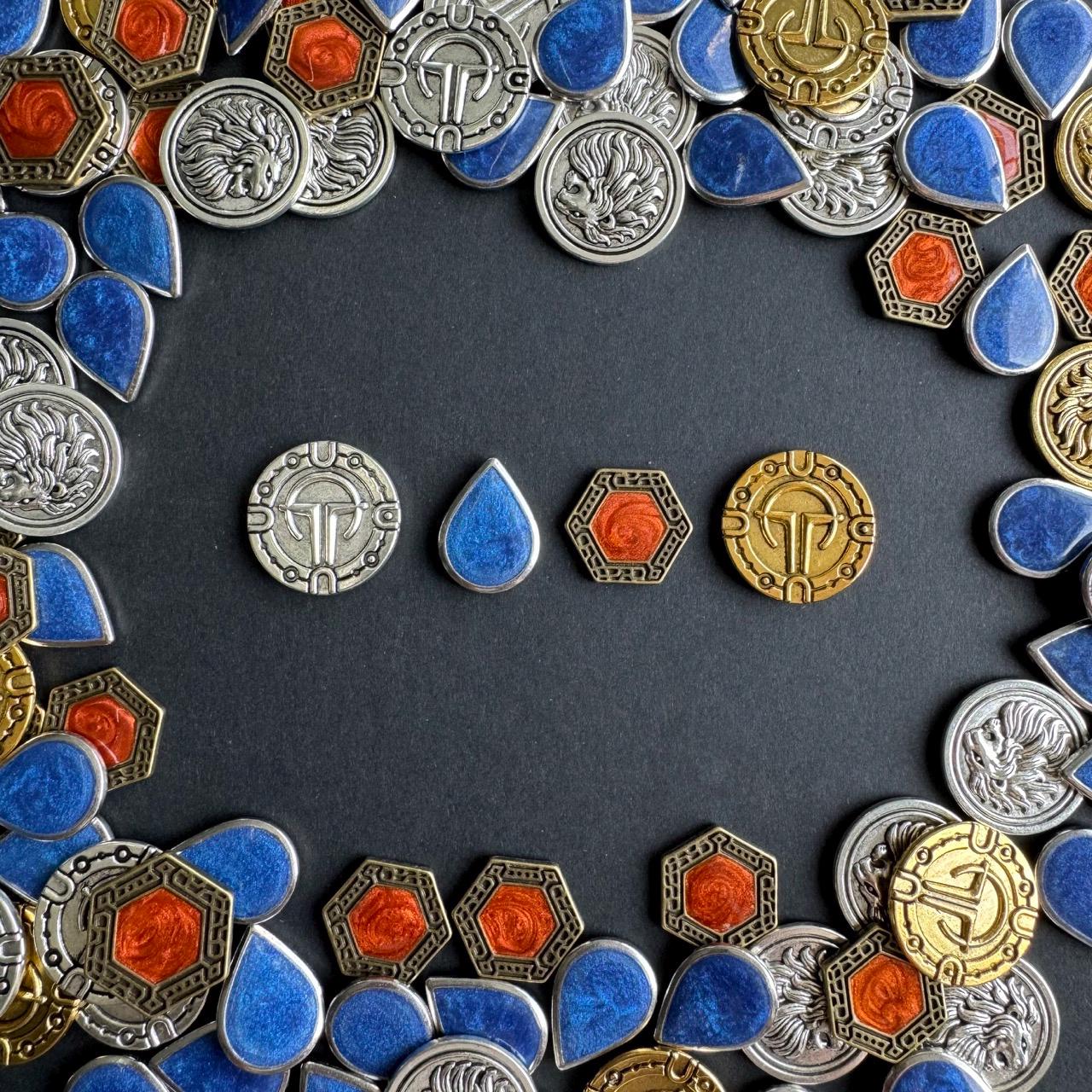 83x Dune Imperium Uprising Metal Token Upgrade, Water, Solari, Spice and Maker Hooks Tokens, Double-sided