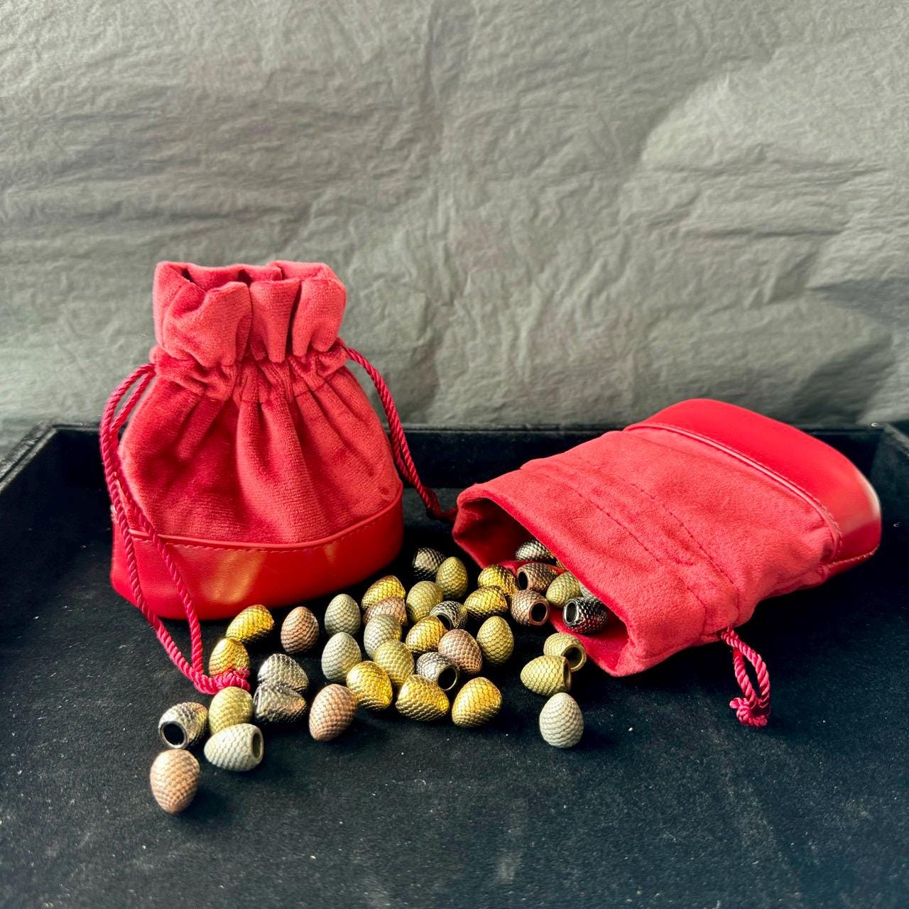 60x Metal Dragon Eggs, Upgrade Tokens for Wingspan Wyrmspan (Available in 5 Colors), Free Self-Standing Red Velvet Storage Pouch Included