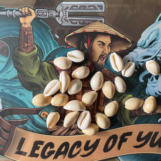 12x Cowrie Shells for Legacy of Yu, Board Game Tokens, Real Shells and Bricks