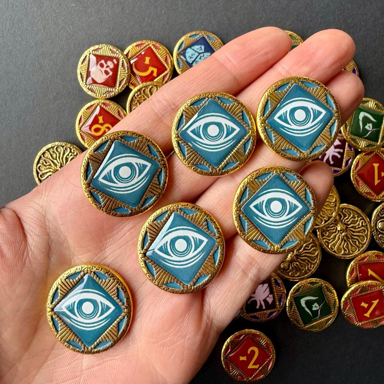 74x Metal Chaos Tokens, Frost Bless & Curse Token Upgrades for Arkham Horror LCG, New Design for 2024 (Double Sided), Moon | Insight Tokens