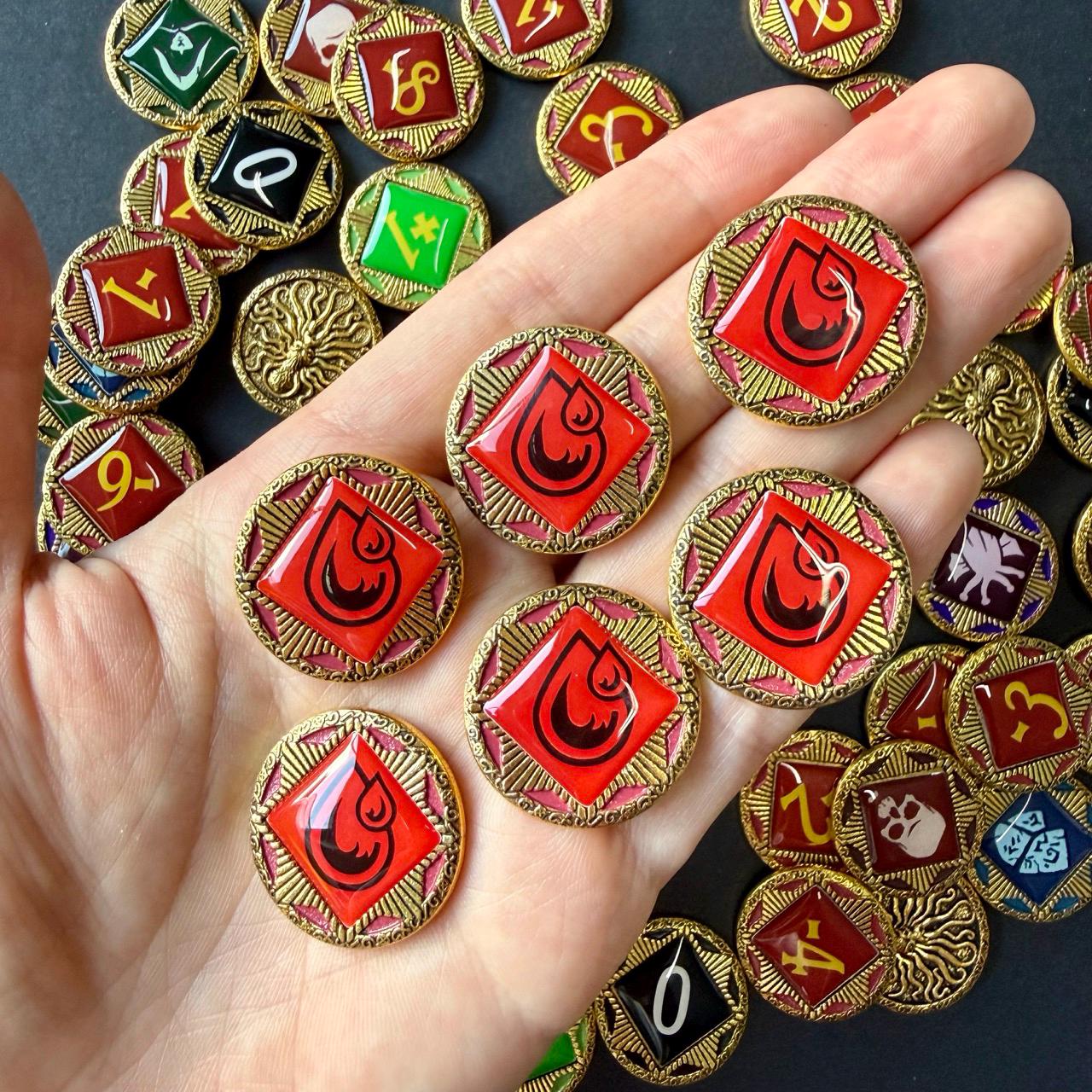 74x Metal Chaos Tokens, Frost Bless & Curse Blood Token Upgrades for Arkham Horror LCG, New Design for 2024 (Double Sided), Moon | Insight Tokens