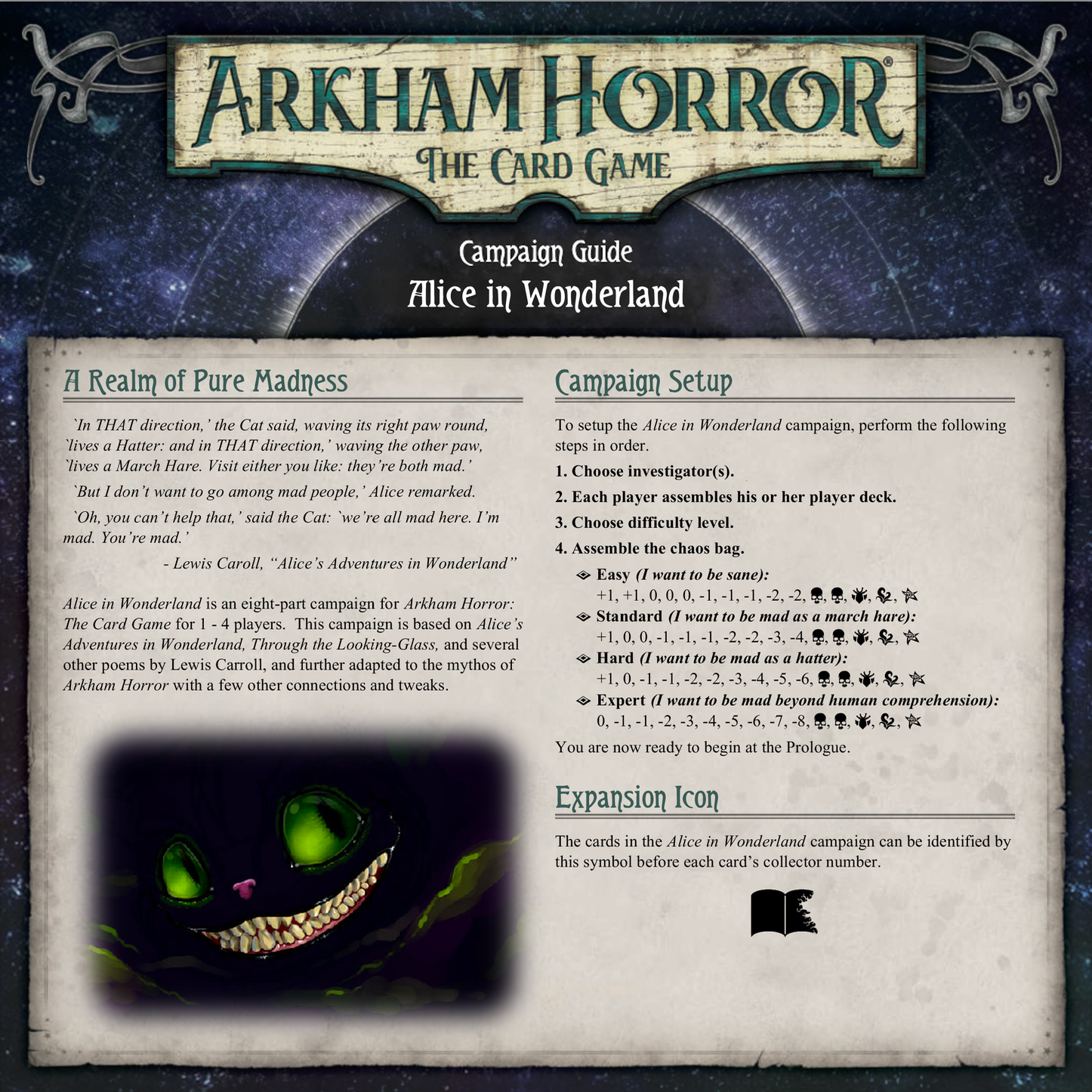 arkham horror card game campaign guide Alice in Wonderland - Scenario Pack (Arkham Fan Made Custom Scenario) - 449Pcs - Rulebook Available in Digital Format Quantity:100-pack Listing site - US How to get a