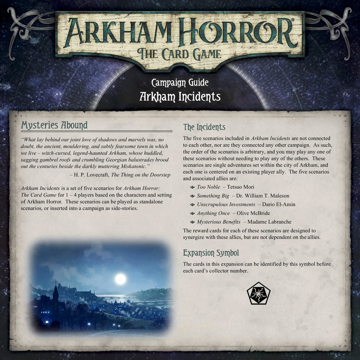 Arkham Incidents - Scenario Pack (Arkham Horror Fan Made Custom Campaign) - 300Pcs - Rulebook Available in Digital Format