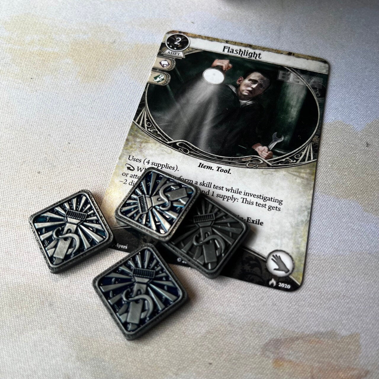 Charge Secret Stun Ammo Flashlight First Aid Strange Solution tokens for Arkham Horror LCG (metal, double-sided)