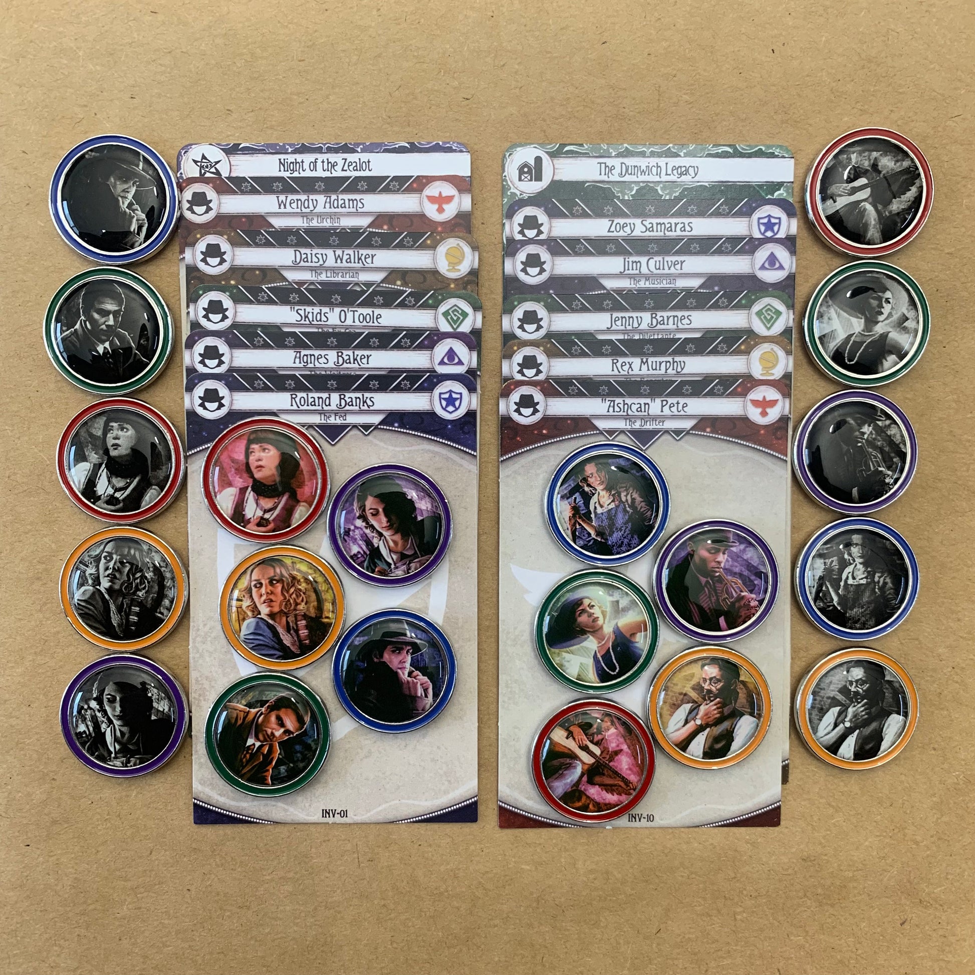 67x Arkham Horror Investigator Tokens for AHLCG, Class Color Rims for Enhanced Visuals, Revised Core Set Available (Double-Sided 1.1"/28 mm)