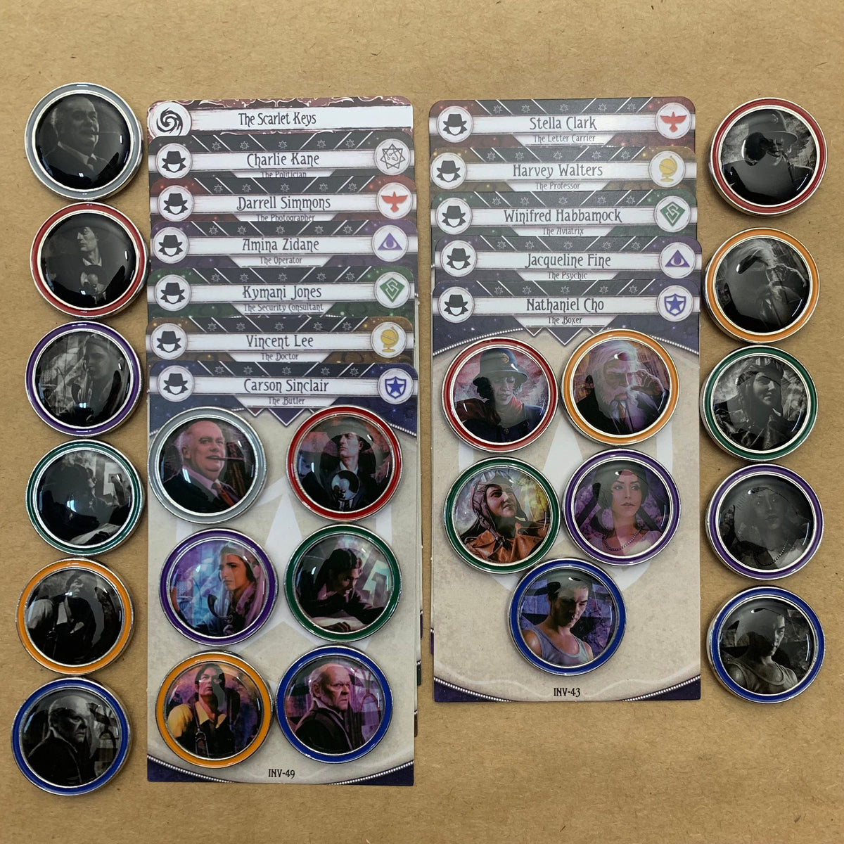 66x Arkham Horror Investigator Tokens for AHLCG, Class Color Rims for Enhanced Visuals, Revised Core Set Available (Double-Sided 1.1"/28 mm)