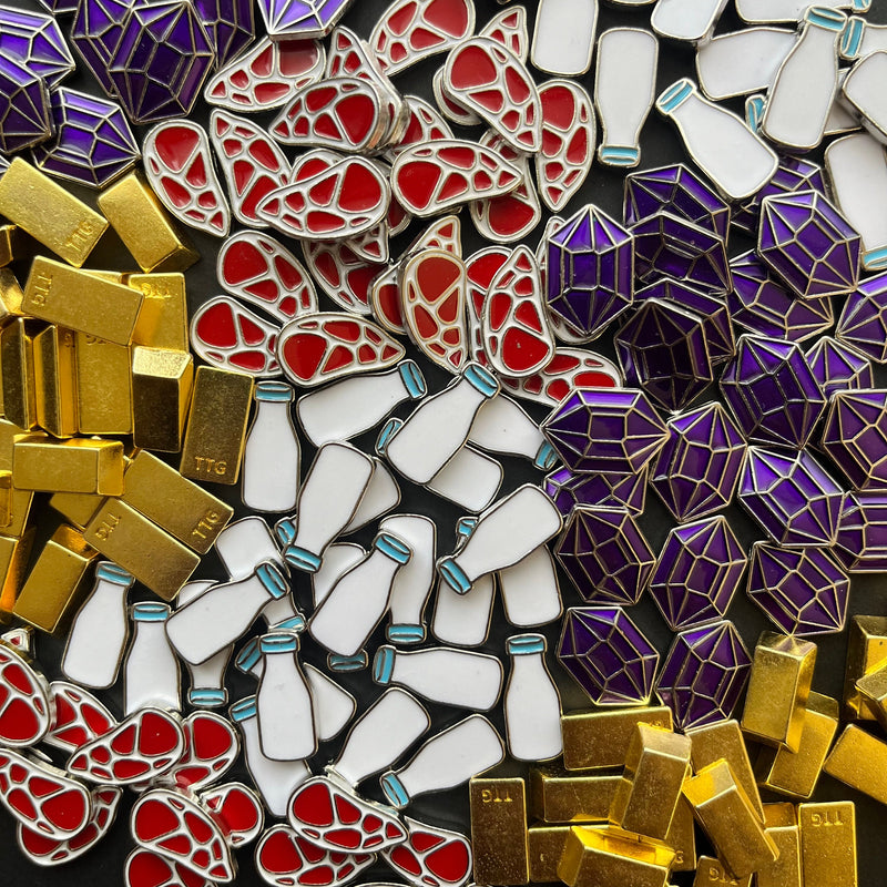 100x Metal Wyrmspan Food Upgrade Tokens, Meat Gold Crystal Milk (Double Sided, Hand Colored), Dragon Eggs Dragon Coins