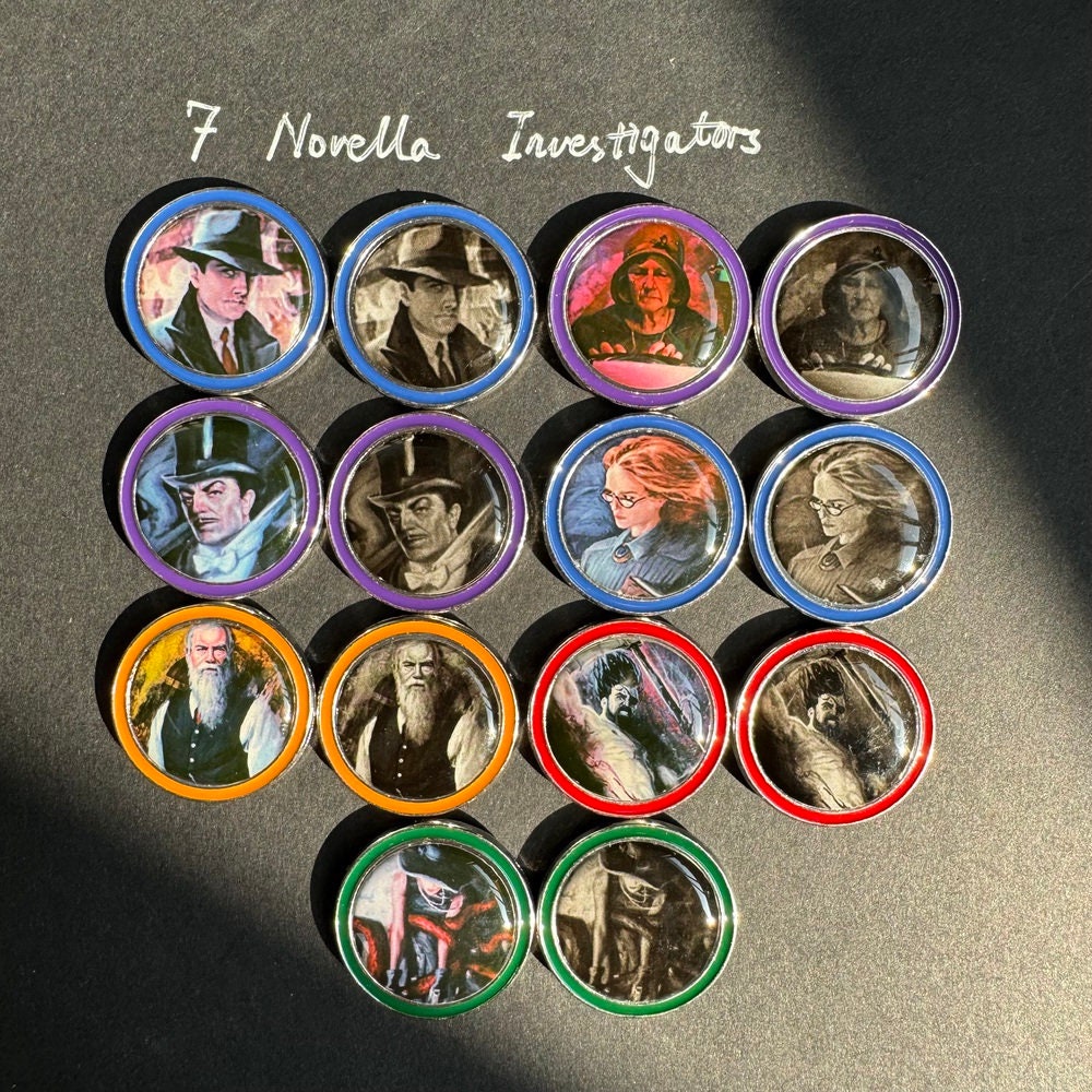 Arkham Horror Standalone Novella and Print & Play Investigators, Circle Undone Neutral, Barkham Horror, Metal Upgrade Tokens (double-sized)