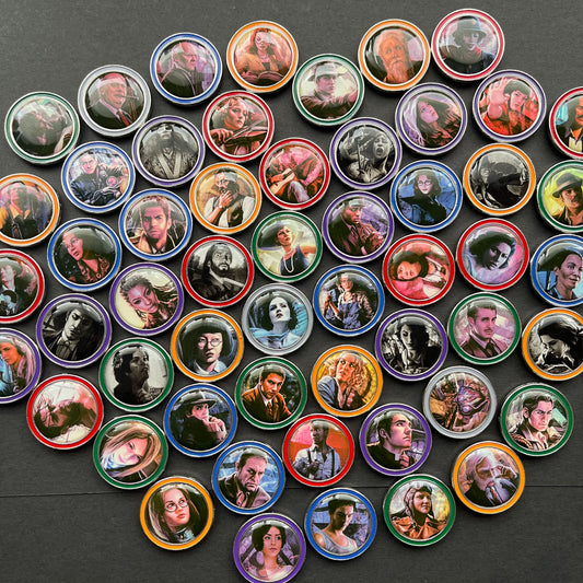 55 x Eldritch Horror Investigators, 24 x Mansions of Madness Investigators, Double Sided Metal Upgrade Tokens
