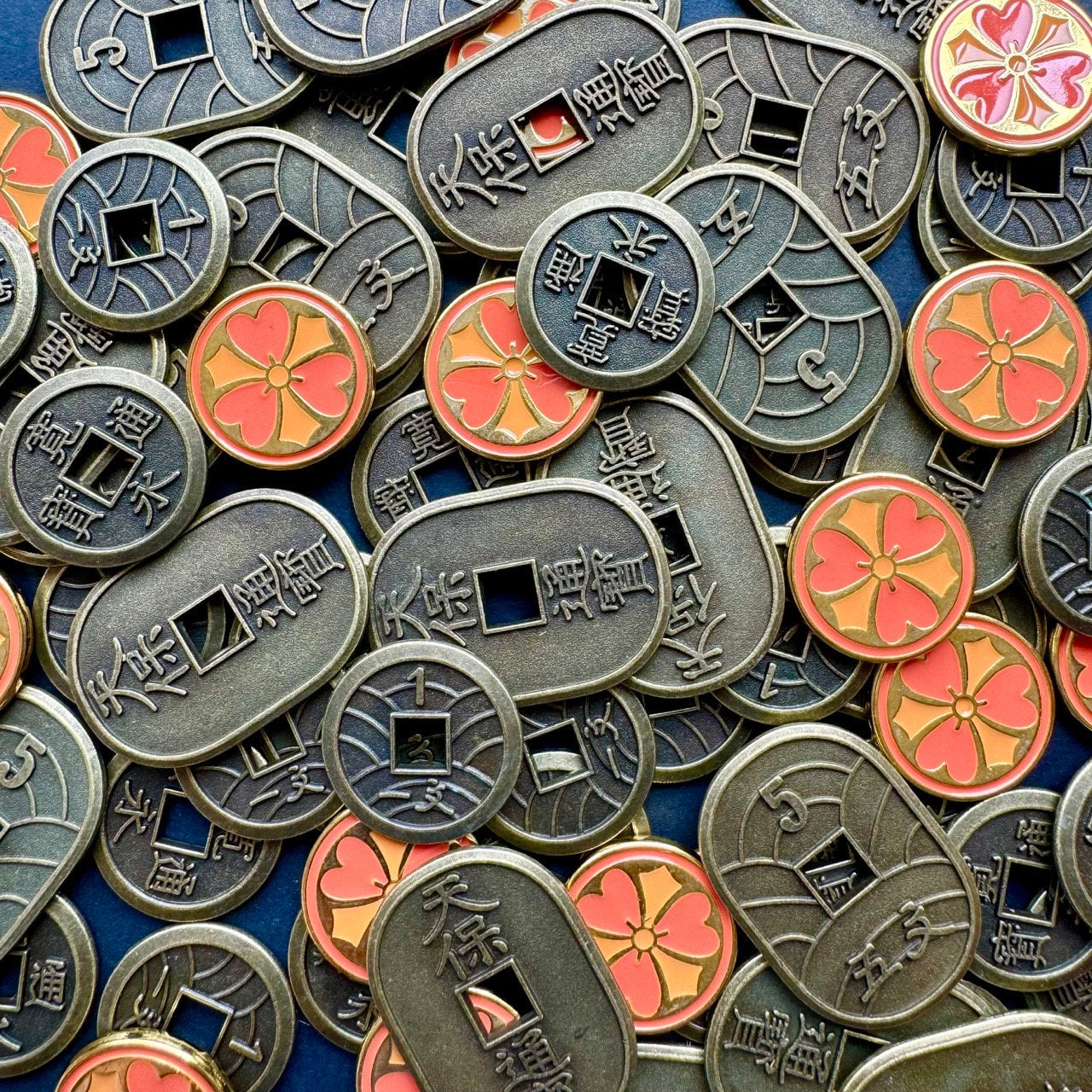 52xThe White Castle, Rising Sun, Bamboo, IKI, Shogun No Katana, River of Gold, Metal Coin, Board Game Token Upgrades 白鷺城 トークン Japanese Mon