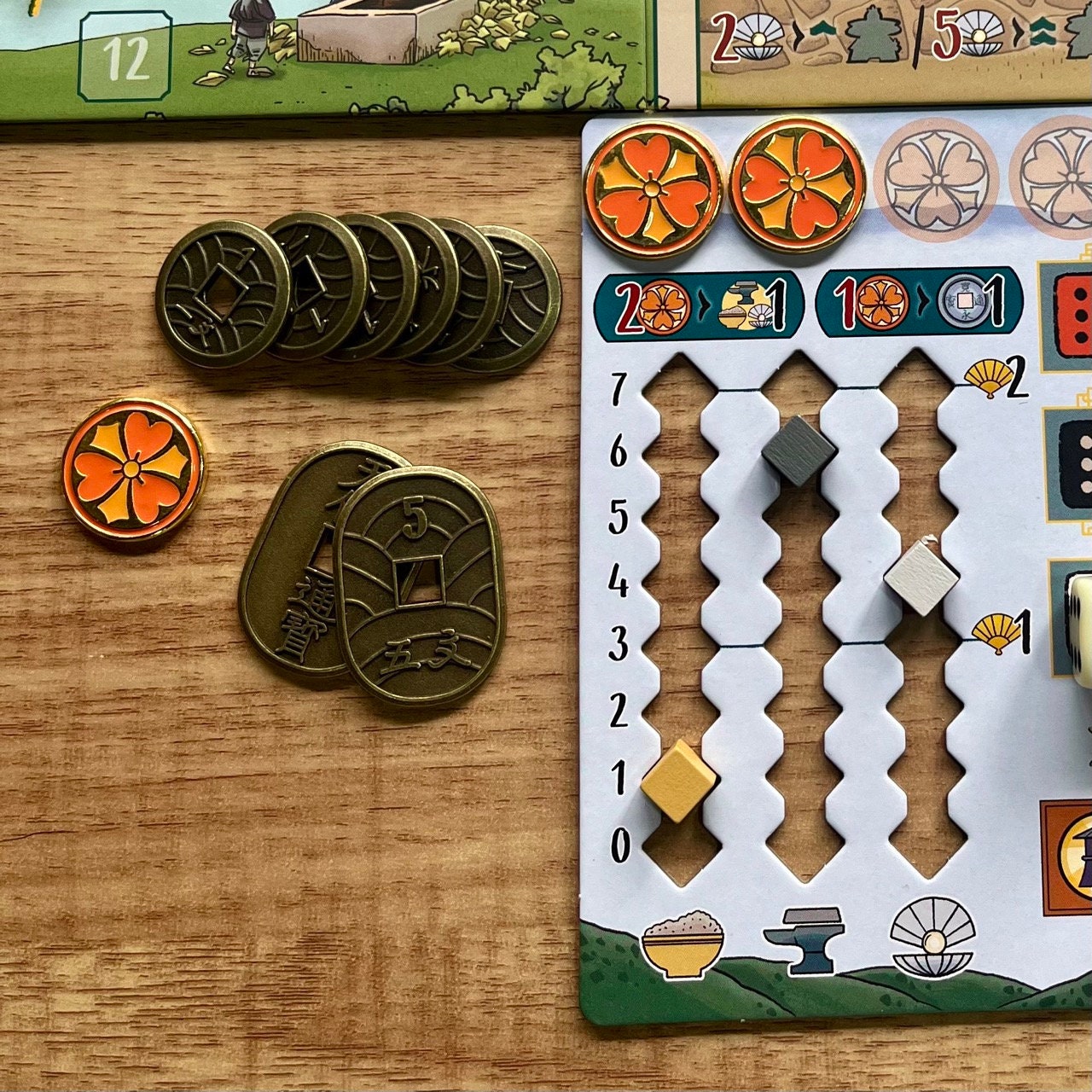 52xThe White Castle, Rising Sun, Bamboo, IKI, Shogun No Katana, River of Gold, Metal Coin, Board Game Token Upgrades 白鷺城 トークン Japanese Mon