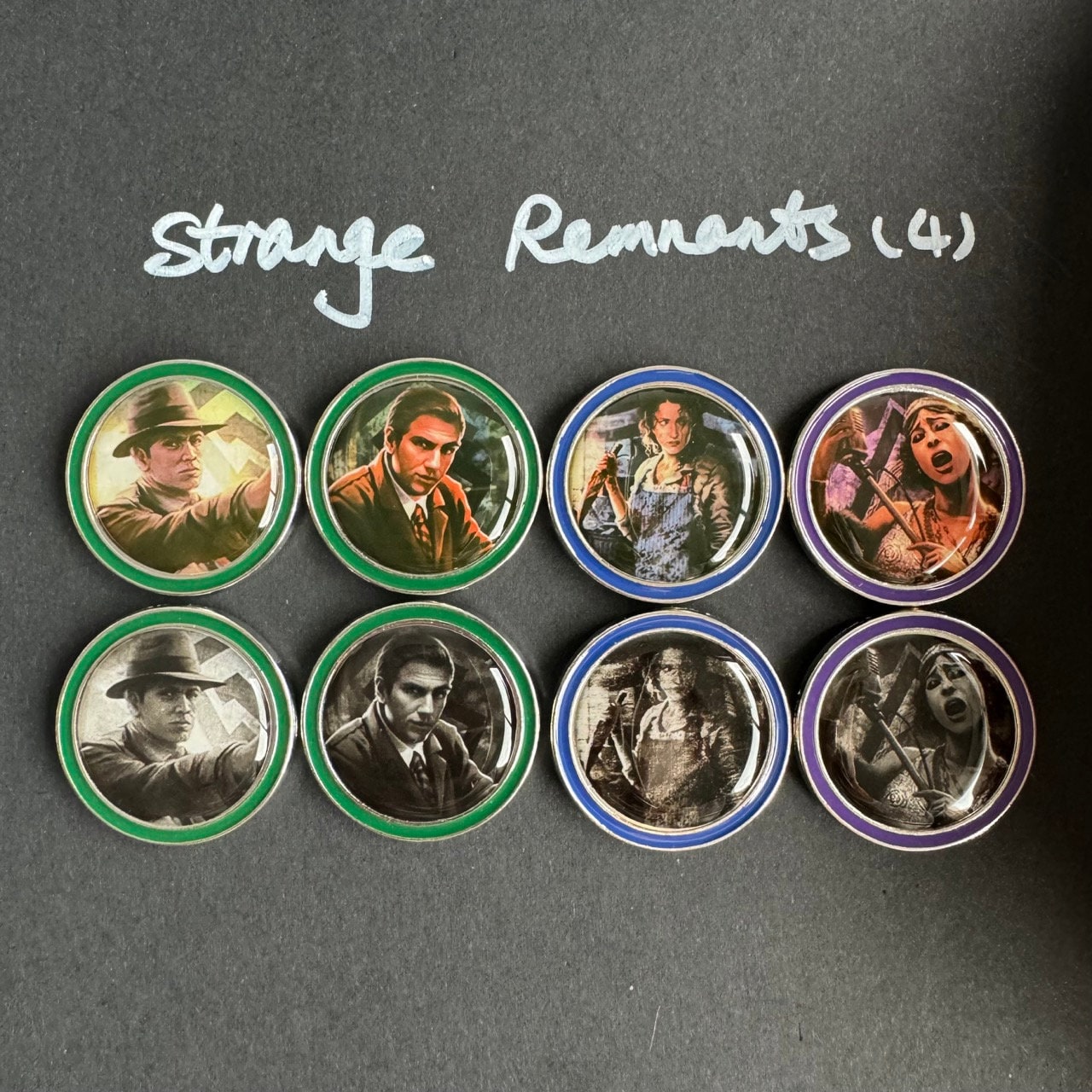 55 x Eldritch Horror Investigators, 24 x Mansions of Madness Investigators, Double Sided Metal Upgrade Tokens