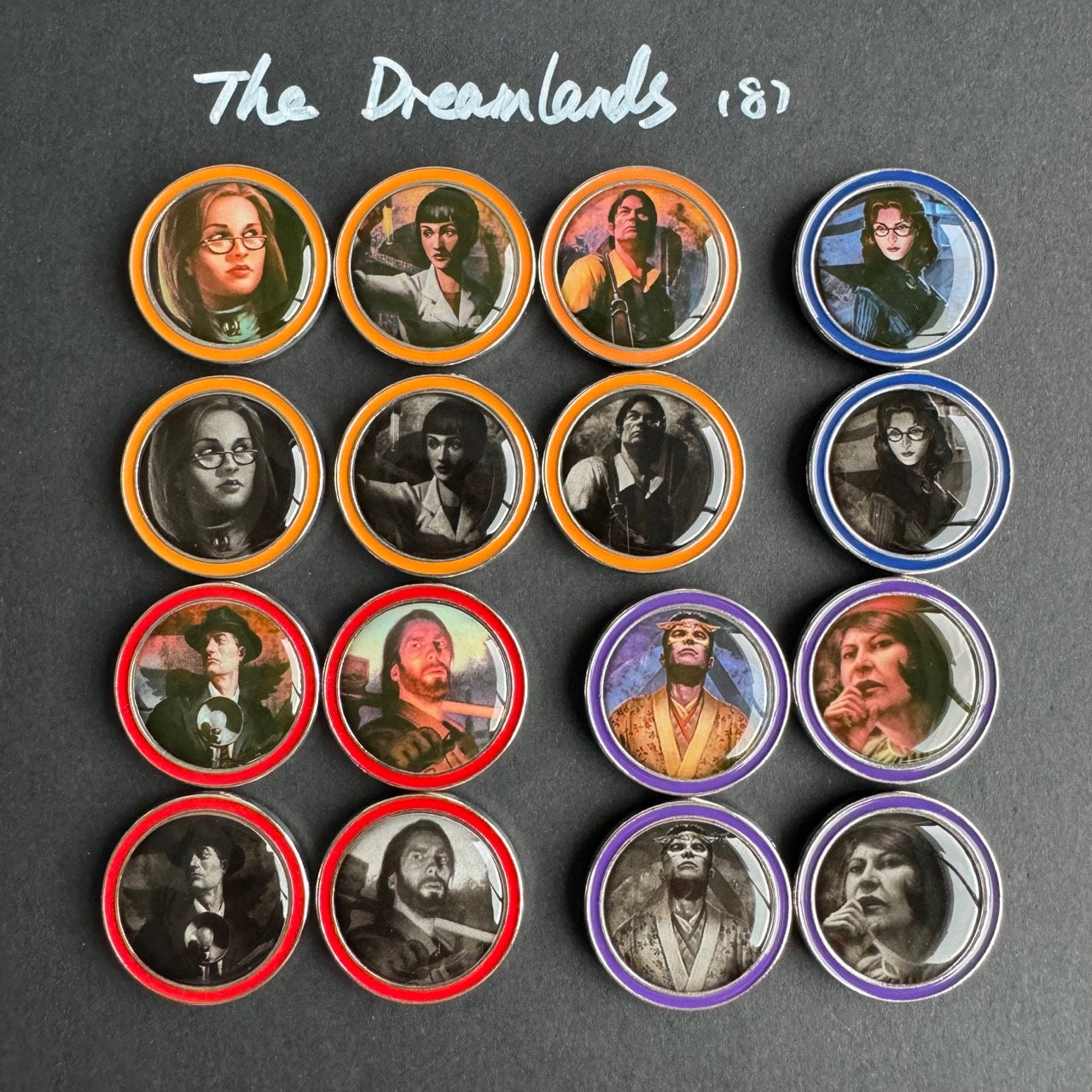 55 x Eldritch Horror Investigators, 24 x Mansions of Madness Investigators, Double Sided Metal Upgrade Tokens