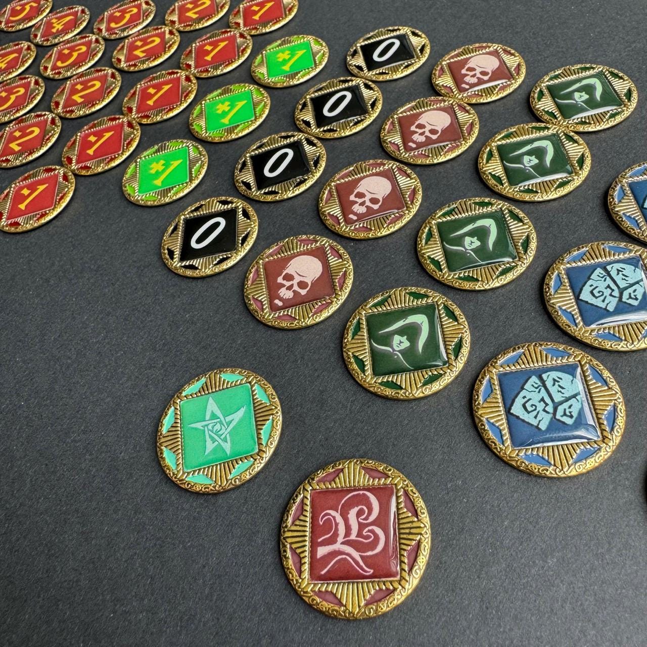 Metal Chaos tokens for Arkham Horror LCG-45 degree view
