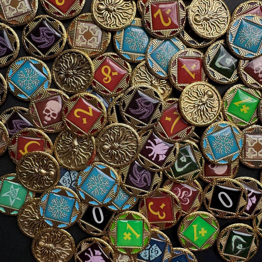 arkham horror card game chaos tokens LCG Token Protectors (Full set, including damage, horror Board Turtle Their unique designs are inspired by the HP Lovecraft universe in an art deco style that fits the Arkham Horror Arkham Horror: Chaos Tokens +