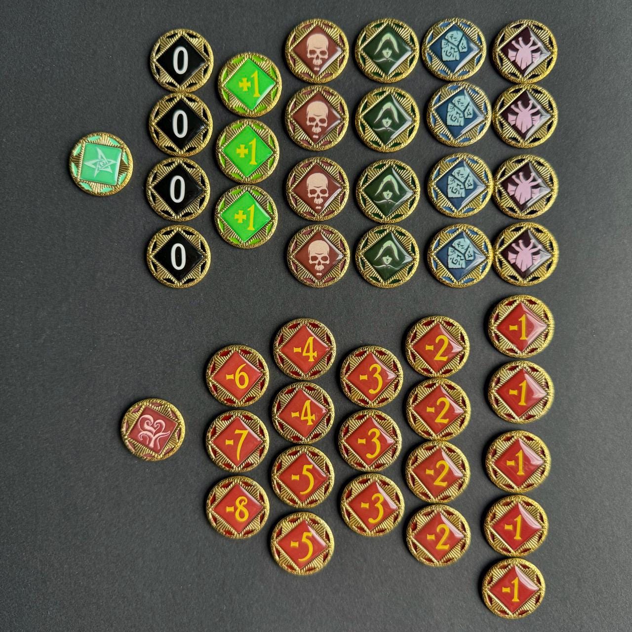 74x Metal Chaos Tokens, Frost Bless & Curse Token Upgrades for Arkham Horror LCG, New Design for 2024 (Double Sided), Moon | Insight Tokens