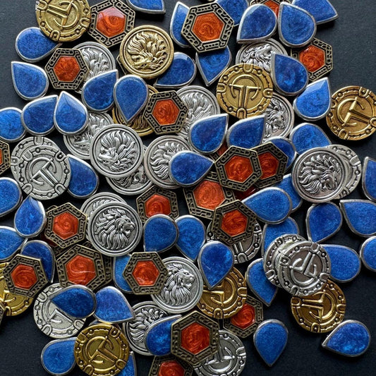 83x Dune Imperium Uprising Metal Token Upgrade, Water, Solari, Spice and Maker Hooks Tokens, Double-sided