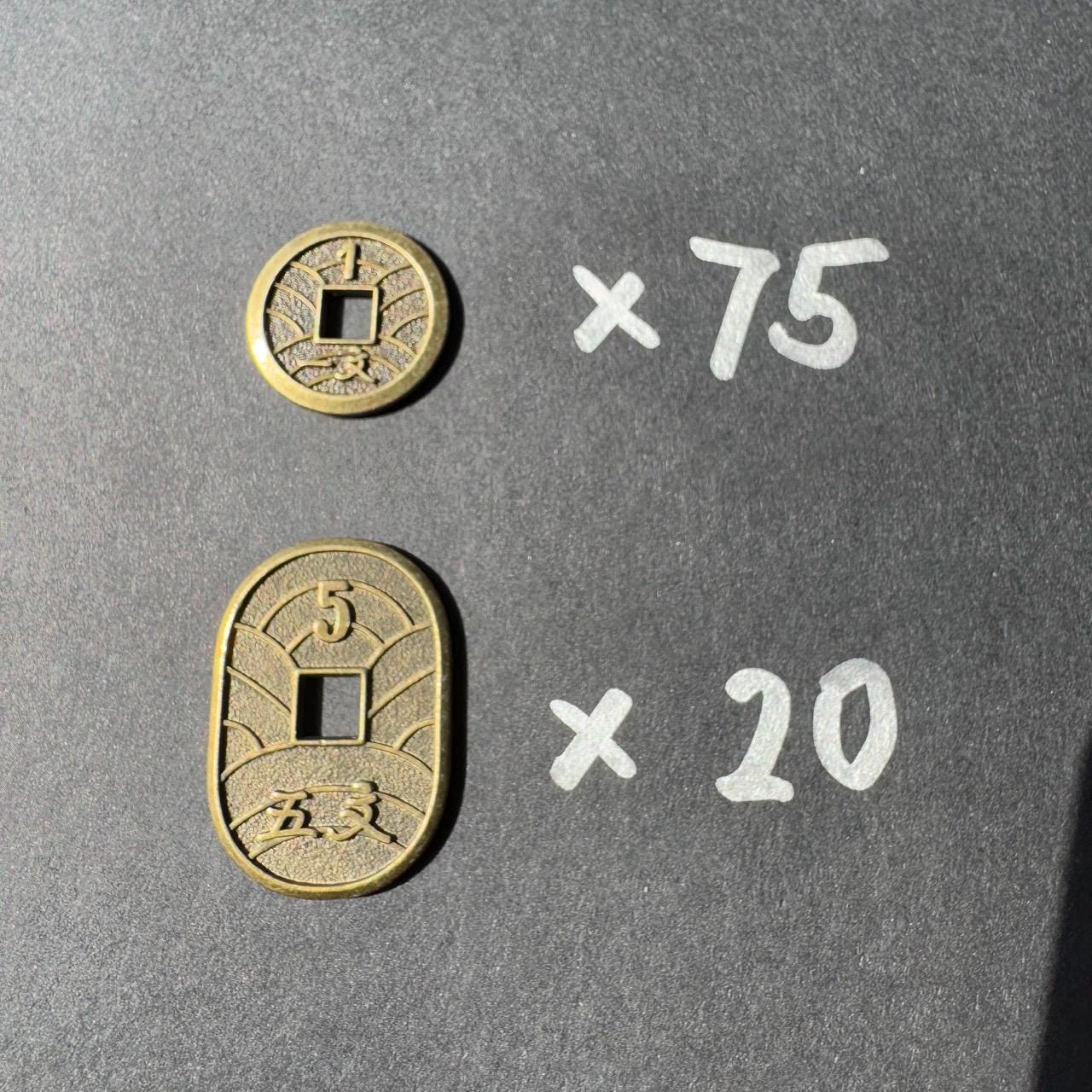 52xThe White Castle, Rising Sun, Bamboo, IKI, Shogun No Katana, River of Gold, Metal Coin, Board Game Token Upgrades 白鷺城 トークン Japanese Mon