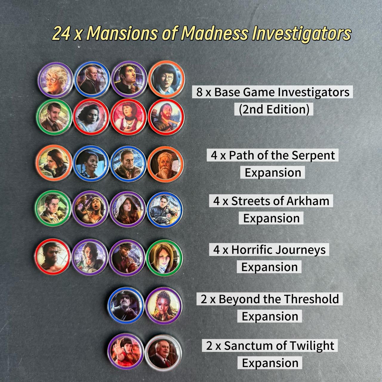 55 x Eldritch Horror Investigators, 24 x Mansions of Madness Investigators, Double Sided Metal Upgrade Tokens