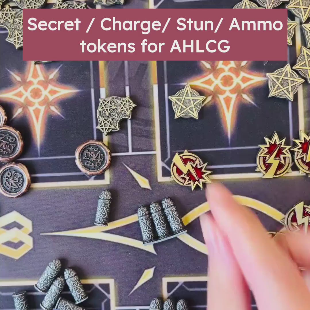 Charge Secret Stun Ammo Flashlight First Aid Strange Solution tokens for Arkham Horror LCG (metal, double-sided)